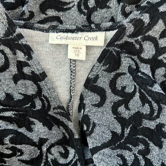 Coldwater Creek Black Gray Fleur De Lis Faux Wrap Look Stretch Knit Dress 10 - Picture 4 of 4